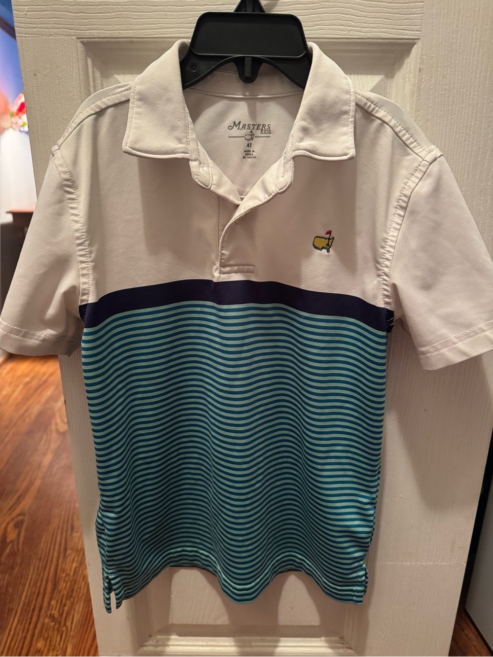 Masters Boys White Navy Teal Striped Polo Shirt Size 4T